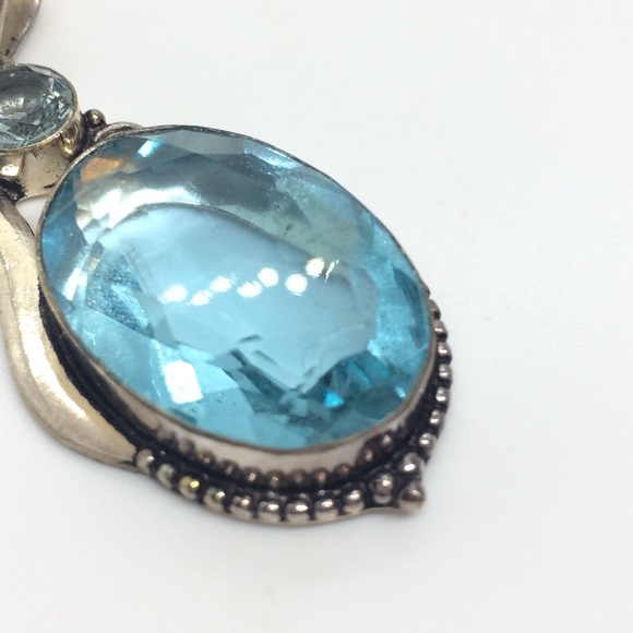 VINTAGE STERLING SILVER 925 LARGE BLUE FACETED GLASS PENDANT ABSTRACT BOHO - Picture 6 of 14